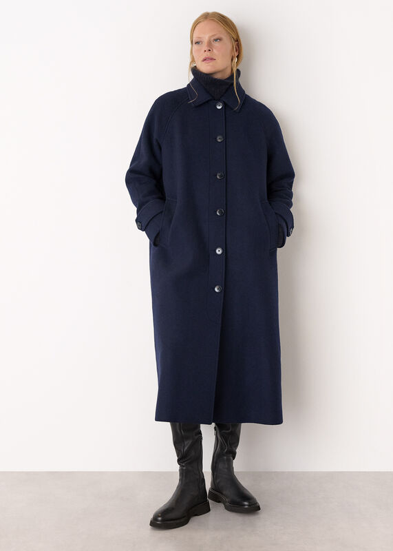 Navy Collar Detail Long Wool Coat